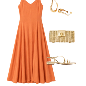 o31 Outfit collage: burnt orange Universal Standard Sunshower linen midi dress with hot pink cardigan tied at shoulders, green packable Eric Javits straw hat, large natural straw market tote, and gold J.Crew Factory strappy flat sandals on white background, Wardrobe Oxygen