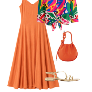 o32 Outfit collage: burnt orange Universal Standard Sunshower linen midi dress with colorful square scarf worn as hair accessory, orange Behno New York convertible crossbody bag, and black Camper Dana leather slingback sandals on white background, Wardrobe Oxygen
