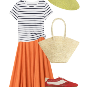 o34 Outfit collage: burnt orange Universal Standard Sunshower linen midi dress with Ray-Ban Puffy Wayfarer sunglasses, large natural straw market tote, and red and cream Vince mesh sneakers on white background, Wardrobe Oxygen