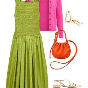 o4 Outfit collage: chartreuse green smocked J.Crew cotton midi dress with hot pink open cardigan, Jenny Bird gold sculptural hoop earrings, orange Behno New York convertible crossbody bag, and gold J.Crew Factory strappy flat sandals on white background, Wardrobe Oxygen