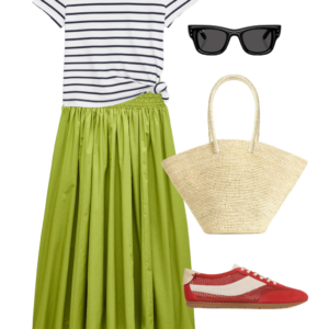 o5 Outfit collage: chartreuse green smocked J.Crew midi dress worn as a skirt paired with knotted navy striped tee, Ray-Ban square sunglasses, natural straw market tote, and red and cream Vince mesh sneakers on white background, Wardrobe Oxygen