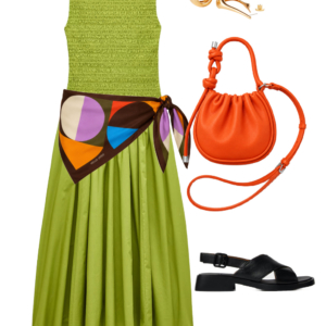 o6 Outfit collage: chartreuse green smocked J.Crew cotton midi dress with large colorful square scarf tied at waist as belt, Jenny Bird gold sculptural hoop earrings, orange Behno New York convertible crossbody bag, and black Camper leather crossover slingback sandals on white background, Wardrobe Oxygen