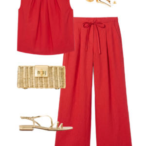 o7 Outfit collage: red M.M. LaFleur pleated sleeveless top with matching red M.M. LaFleur wide-leg voile trousers, Jenny Bird gold sculptural hoop earrings, gold wicker clutch, and gold J.Crew Factory strappy flat sandals on white background, Wardrobe Oxygen