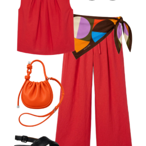 o8 Outfit collage: red M.M. LaFleur pleated sleeveless top with red M.M. LaFleur wide-leg voile trousers, large colorful square scarf tied diagonally at waist, Ray-Ban Puffy Wayfarer sunglasses, orange Behno New York convertible crossbody bag, and black Camper Dana leather slingback sandals on white background, Wardrobe Oxygen