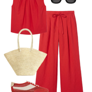 o9 Outfit collage: red M.M. LaFleur pleated sleeveless top with red M.M. LaFleur wide-leg voile trousers, Ray-Ban Puffy Wayfarer sunglasses, natural straw market tote, and red and cream Vince mesh sneakers on white background, Wardrobe Oxygen
