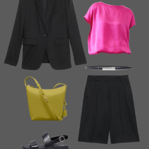 q1 Black blazer with hot pink silk tee, black Bermuda shorts, olive bucket bag, black slingback sandals, silver drop earrings, and silver ring styled for summer work travel