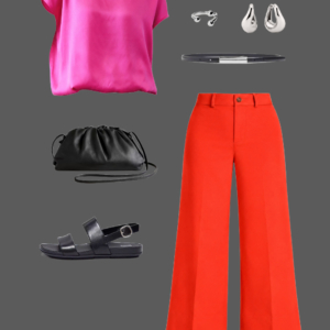 q10 Hot pink silk tee with hot coral wide-leg cropped pants, cat-eye sunglasses, silver ring and drop earrings, black belt, black leather pouch clutch, and black slingback sandals