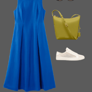 q11 Cobalt blue midi dress styled with cat-eye sunglasses, olive green leather bucket bag, and white perforated sneakers for a chic summer day look