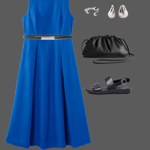 q12 Cobalt blue midi dress with black Bermuda belt, black leather pouch clutch, black slingback sandals, silver sculptural ring, and silver drop earrings for a polished summer work travel outfit