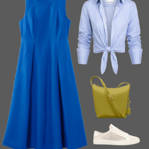 q13 Cobalt blue midi dress with blue-and-white stripe tie-front shirt layered on top, olive bucket bag, white perforated sneakers, and cat-eye sunglasses for a casual summer workday look