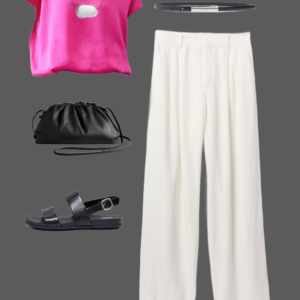 q14 Hot pink silk tee with silver adjustable necklace, cream linen wide-leg pants, black belt, silver drop earrings and ring, black leather pouch clutch, and black slingback sandals
