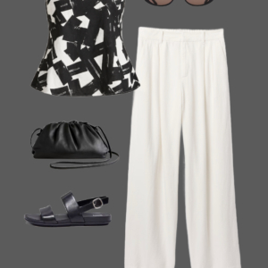 q15 Black and white linen peplum tank with cream linen wide-leg pants, cat-eye sunglasses, black leather pouch clutch, and black slingback sandals for a monochromatic summer work look