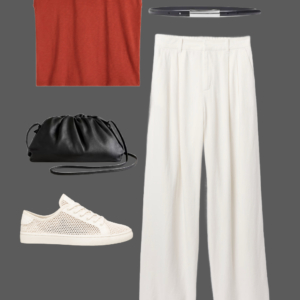 q16 Rust broderie linen tee with cream linen wide-leg pants, cat-eye sunglasses, black belt, black leather pouch clutch, and white perforated sneakers