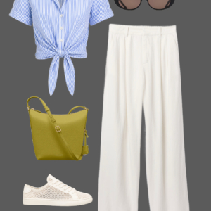 q17 Blue stripe tie-front short-sleeve shirt with cream linen wide-leg pants, silver drop earrings, cat-eye sunglasses, olive leather bucket bag, and white perforated sneakers