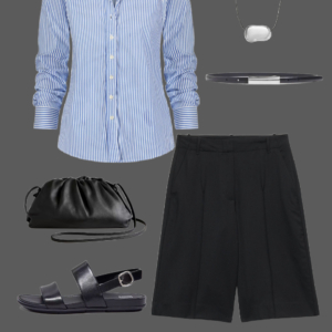 q18 Blue stripe button-down shirt with black Bermuda shorts, silver adjustable necklace, black belt, black leather pouch clutch, and black slingback sandals for a smart casual summer work travel look
