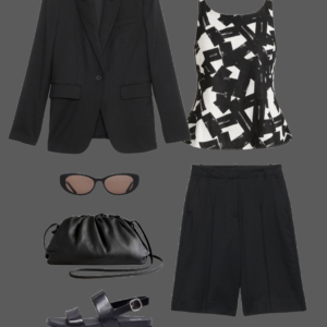 q2 Black blazer with black and white linen peplum tank, black Bermuda shorts, cat-eye sunglasses, silver drop earrings, silver ring, black leather pouch clutch, and black slingback sandals