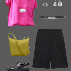 q20 Hot pink silk tee with silver adjustable necklace, silver drop earrings and ring, black Bermuda shorts, black belt, olive leather bucket bag, and black slingback sandals