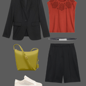 q3 Black blazer with rust broderie linen tee, black Bermuda shorts, black belt, olive leather bucket bag, silver drop earrings, silver ring, and white perforated sneakers