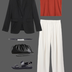 q4 Black blazer with rust broderie linen tee, cream linen wide-leg pants, black belt, black leather pouch clutch, and black slingback sandals for a polished summer travel outfit