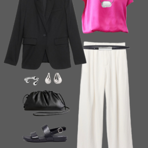 q5 Black blazer with hot pink silk tee and silver adjustable necklace, cream linen wide-leg pants, black belt, silver ring and drop earrings, black leather pouch clutch, and black slingback sandals