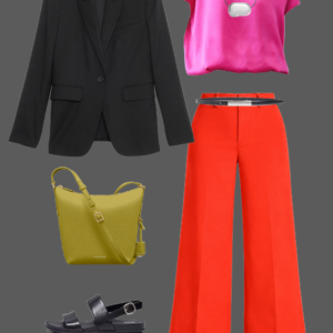 q6 Black blazer with hot pink silk tee and silver adjustable necklace, hot coral wide-leg cropped pants, black belt, olive leather bucket bag, and black slingback sandals for a work travel dinner look