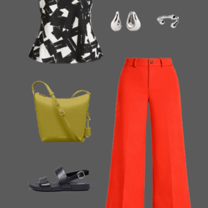 q7 Black and white linen peplum tank with hot coral wide-leg cropped pants, cat-eye sunglasses, silver drop earrings, silver ring, olive leather bucket bag, and black slingback sandals