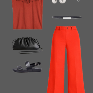 q8 Rust broderie linen tee with hot coral wide-leg cropped pants, silver drop earrings, silver ring, black belt, black leather pouch clutch, and black slingback sandals