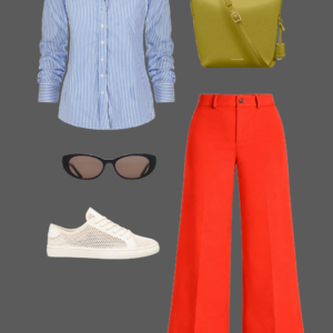 q9 Blue stripe button-down shirt with hot coral wide-leg cropped pants, olive leather bucket bag, white perforated sneakers, and cat-eye sunglasses for a colorful business casual summer look