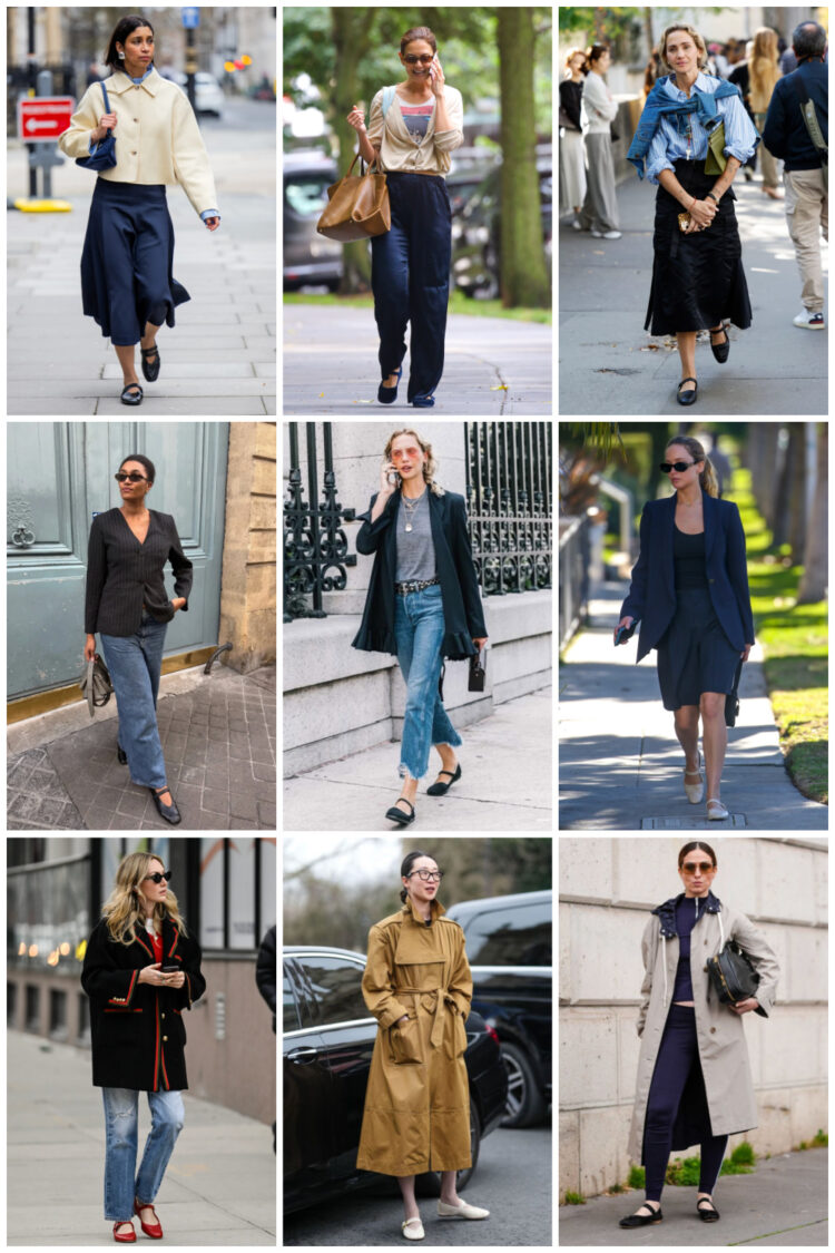 Nine street style photos of women wearing Mary Jane and ballet flats styled with jeans, trousers, skirts, and dresses for everyday and elevated looks.