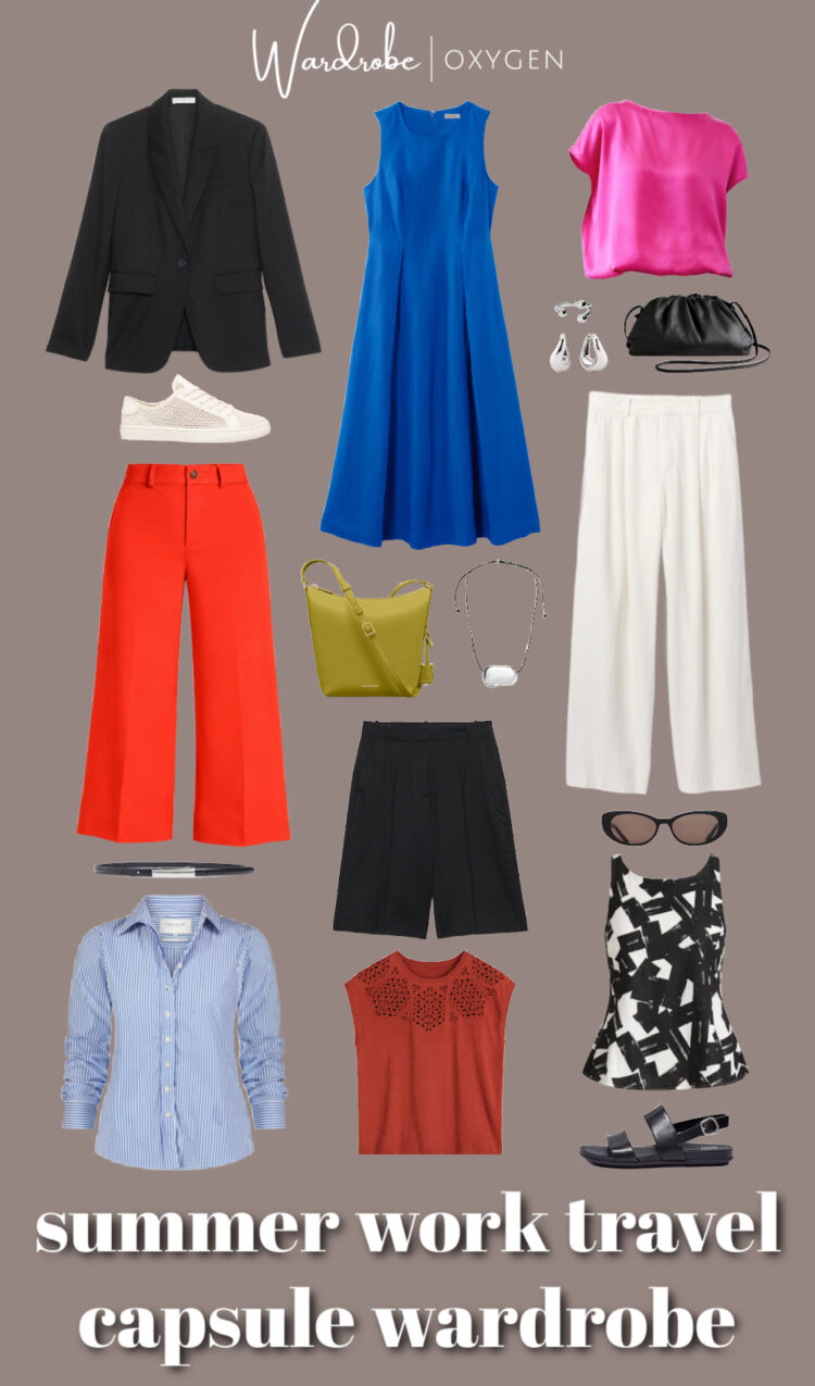 Summer work travel capsule wardrobe flat lay for women in midlife by Wardrobe Oxygen, featuring a black blazer, cobalt dress, hot pink silk tee, coral wide-leg pants, cream linen trousers, and colorful accessories on a taupe background