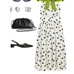 flatlay of an outfit from a Wardrobe Oxygen capsule wardrobe featuring ice blue, lime green, black, and white for a summer to early fall collection