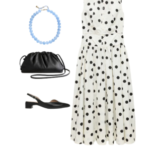 flatlay of an outfit from a Wardrobe Oxygen capsule wardrobe featuring ice blue, lime green, black, and white for a summer to early fall collection