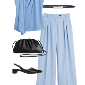 flatlay of an outfit from a Wardrobe Oxygen capsule wardrobe featuring ice blue, lime green, black, and white for a summer to early fall collection