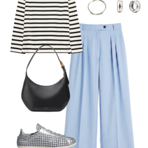 flatlay of an outfit from a Wardrobe Oxygen capsule wardrobe featuring ice blue, lime green, black, and white for a summer to early fall collection
