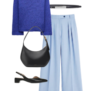 flatlay of an outfit from a Wardrobe Oxygen capsule wardrobe featuring ice blue, lime green, black, and white for a summer to early fall collection