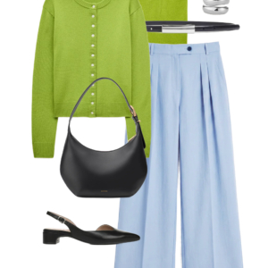 flatlay of an outfit from a Wardrobe Oxygen capsule wardrobe featuring ice blue, lime green, black, and white for a summer to early fall collection
