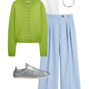 flatlay of an outfit from a Wardrobe Oxygen capsule wardrobe featuring ice blue, lime green, black, and white for a summer to early fall collection