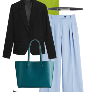 flatlay of an outfit from a Wardrobe Oxygen capsule wardrobe featuring ice blue, lime green, black, and white for a summer to early fall collection