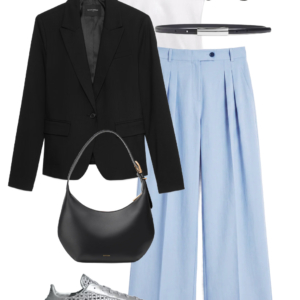 flatlay of an outfit from a Wardrobe Oxygen capsule wardrobe featuring ice blue, lime green, black, and white for a summer to early fall collection