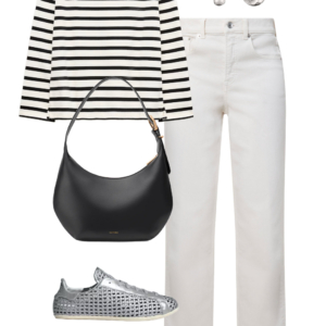 flatlay of an outfit from a Wardrobe Oxygen capsule wardrobe featuring ice blue, lime green, black, and white for a summer to early fall collection