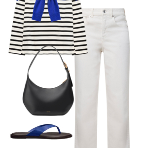 flatlay of an outfit from a Wardrobe Oxygen capsule wardrobe featuring ice blue, lime green, black, and white for a summer to early fall collection