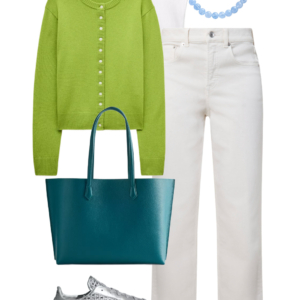 flatlay of an outfit from a Wardrobe Oxygen capsule wardrobe featuring ice blue, lime green, black, and white for a summer to early fall collection