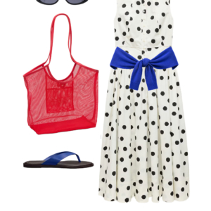 flatlay of an outfit from a Wardrobe Oxygen capsule wardrobe featuring ice blue, lime green, black, and white for a summer to early fall collection