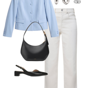 flatlay of an outfit from a Wardrobe Oxygen capsule wardrobe featuring ice blue, lime green, black, and white for a summer to early fall collection