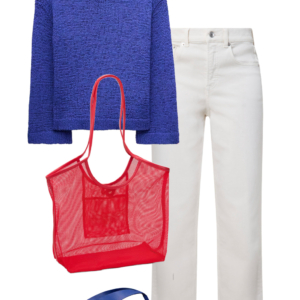 flatlay of an outfit from a Wardrobe Oxygen capsule wardrobe featuring ice blue, lime green, black, and white for a summer to early fall collection