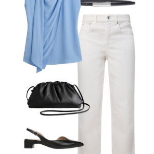 flatlay of an outfit from a Wardrobe Oxygen capsule wardrobe featuring ice blue, lime green, black, and white for a summer to early fall collection