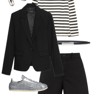 flatlay of an outfit from a Wardrobe Oxygen capsule wardrobe featuring ice blue, lime green, black, and white for a summer to early fall collection