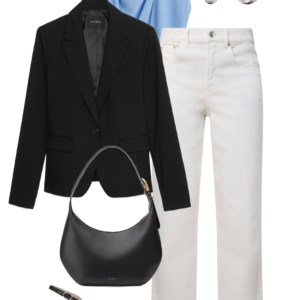 flatlay of an outfit from a Wardrobe Oxygen capsule wardrobe featuring ice blue, lime green, black, and white for a summer to early fall collection