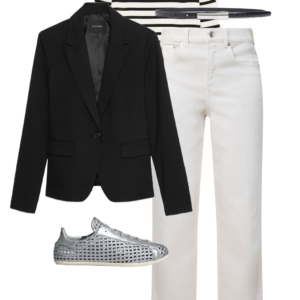 flatlay of an outfit from a Wardrobe Oxygen capsule wardrobe featuring ice blue, lime green, black, and white for a summer to early fall collection