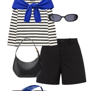 flatlay of an outfit from a Wardrobe Oxygen capsule wardrobe featuring ice blue, lime green, black, and white for a summer to early fall collection